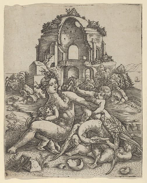 Leda and her children playing with the swan, with a Roman temple in the background, by Giovanni Battista Palumba