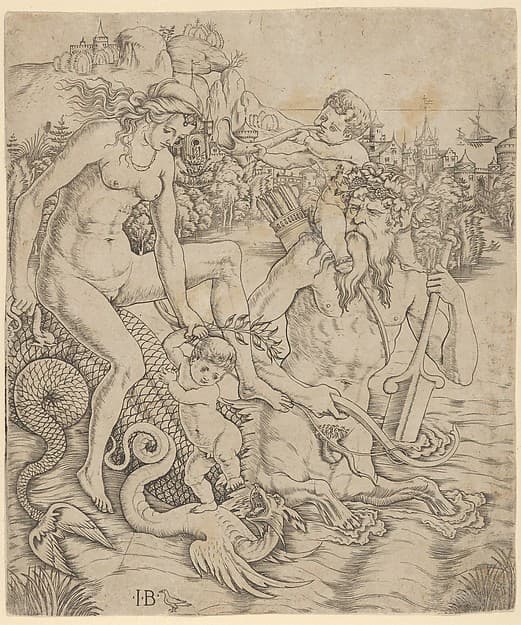 A triton family in the sea, with a mother and child seated on the back of a half-man, half-sea monster with a child blowing on a conch shell on his shoulders, by Giovanni Battista Palumba