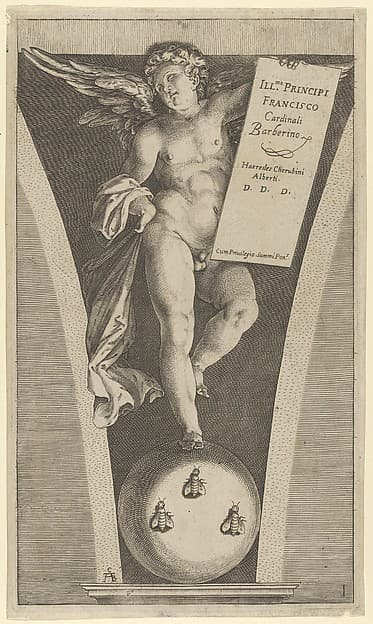 Winged genius holding a tableau, standing on a sphere with three bees, by Cherubino Alberti (Zaccaria Mattia)