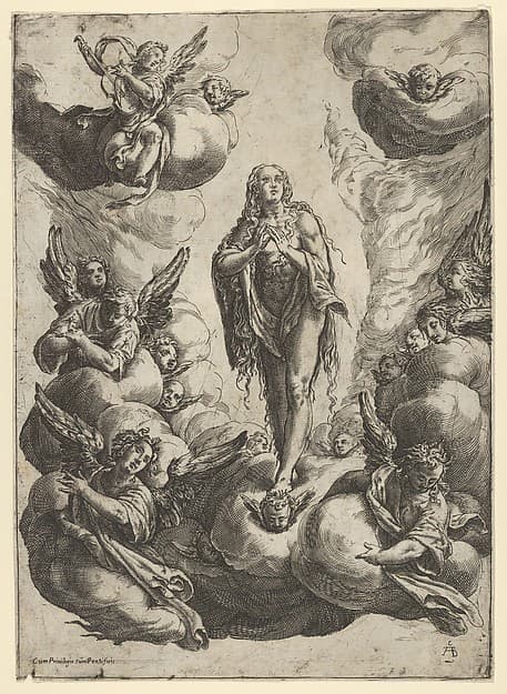 Mary Magdalen standing on clouds, being transported to heaven by angels, by Cherubino Alberti (Zaccaria Mattia)