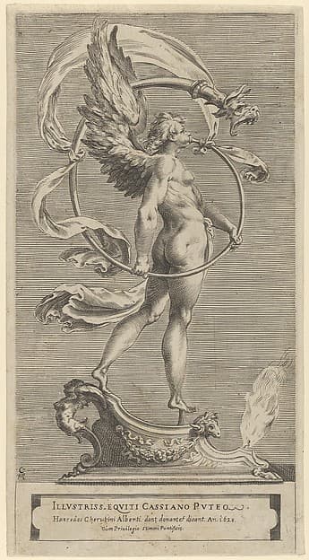 A winged figure of Fame standing facing left and sounding a trumpet, by Cherubino Alberti (Zaccaria Mattia)