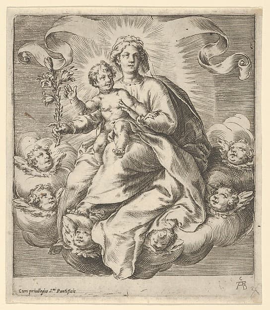 Madonna holding a lily branch with the Christ Child on her lap, seated on clouds, surrounded by cherub heads, by Cherubino Alberti (Zaccaria Mattia)