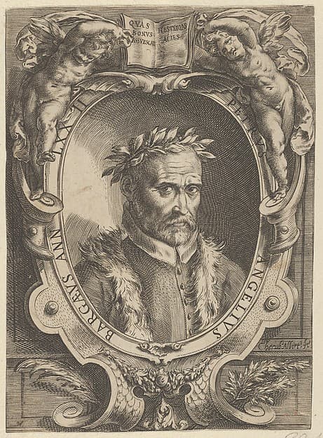 Portrait of Pietro Angela da Barga, bust-length and in a decorative border, by Cherubino Alberti (Zaccaria Mattia)