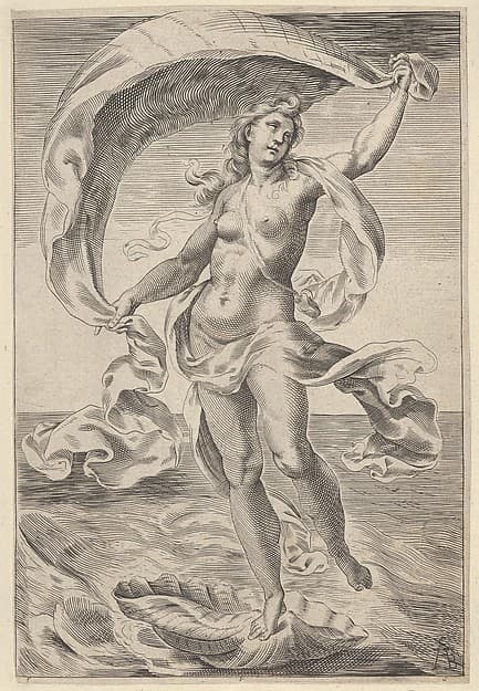 Venus on a half-shell, holding fabric over her head, by Cherubino Alberti (Zaccaria Mattia)