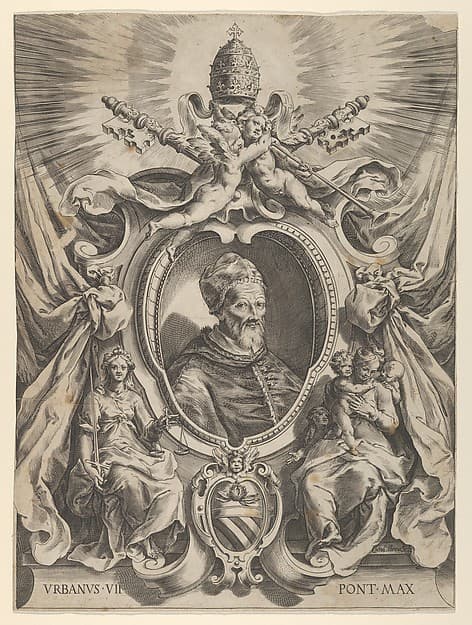 Portrait of Pope Urban VII in a decorative border, by Cherubino Alberti (Zaccaria Mattia)