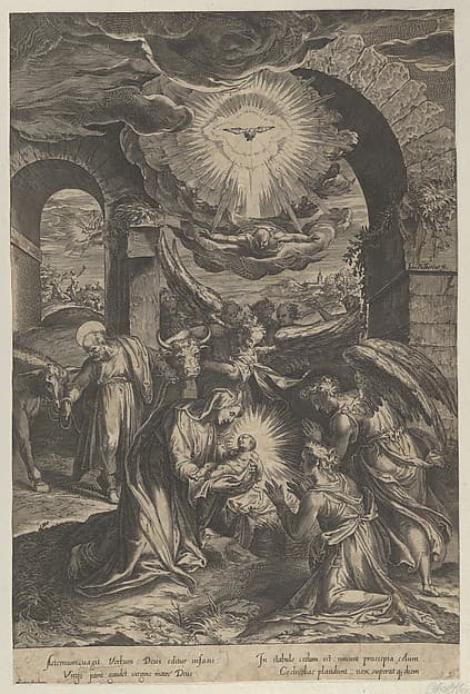 The Birth of Christ, who is held by the Virgin against a penumbra of light, adoring angels, and Joseph leading a donkey at left, by Cherubino Alberti (Zaccaria Mattia)