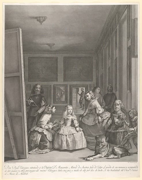 Las Meninas: the family of Philip IV in the foreground with the Infanta Margarita in the centre, Velázquez standing painting at left, the King and Queen reflected in the mirror in the background, by Pierre Audouin