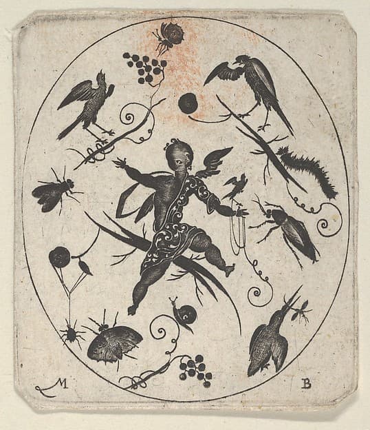 Blackwork Design for Goldsmithwork with a Putto, Birds and Insects, by Mathais Beitler
