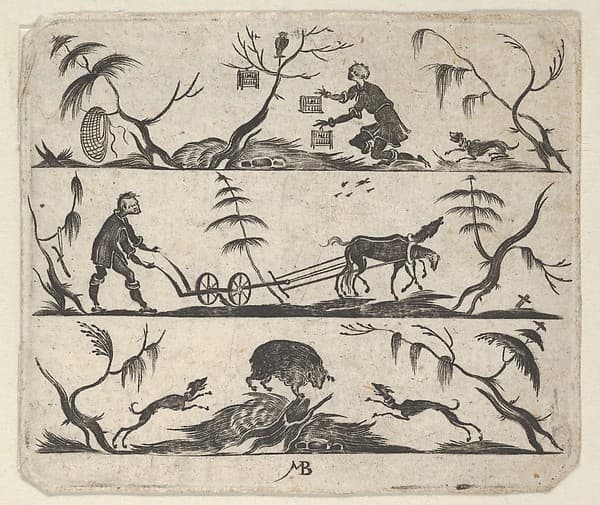 Blackwork Design for Goldsmithwork with a Bee-Keeper, a Farmer and a Boar, by Mathais Beitler
