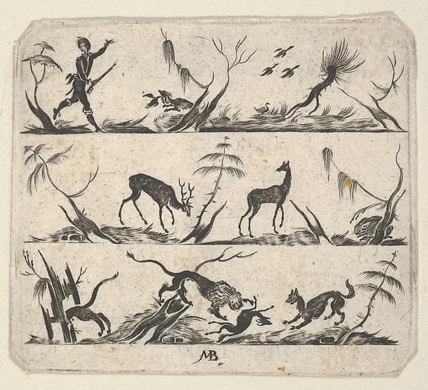 Blackwork Design for Goldsmithwork with a Hunter and Animals, by Mathais Beitler