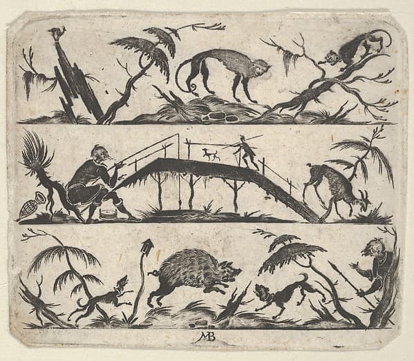 Blackwork Design for Goldsmithwork with a Hunter and a Fisherman, by Mathais Beitler