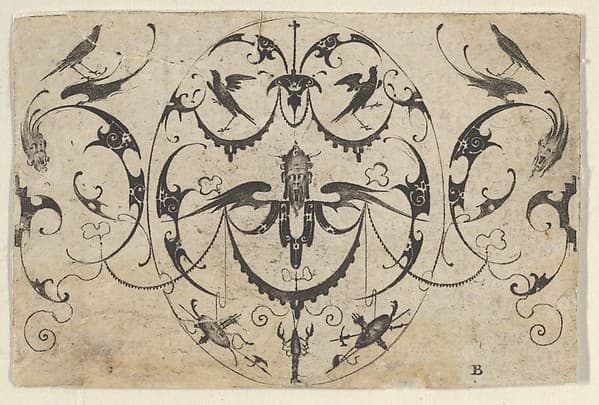 Blackwork Design for Goldsmithwork with Grotesques, Garlands, and Birds, by Mathais Beitler
