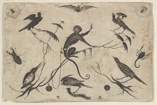 Blackwork Design for Goldsmithwork with Monkey, Birds, and Insects, by Mathais Beitler