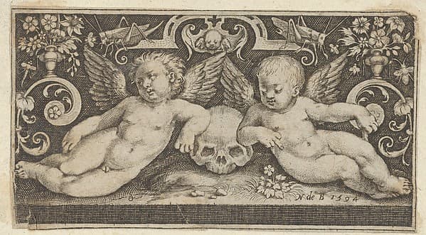 Two Genii with a Skull and Grasshoppers, by Nicolaes de Bruyn