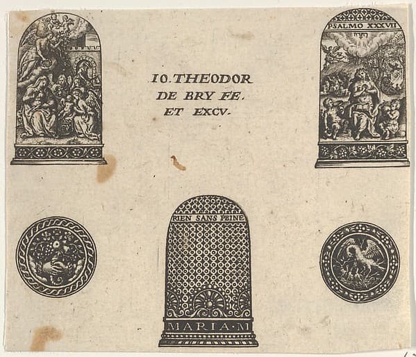 Horizontal Panel with Three Thimble Designs and Two Medallions, by Johann Theodor de Bry