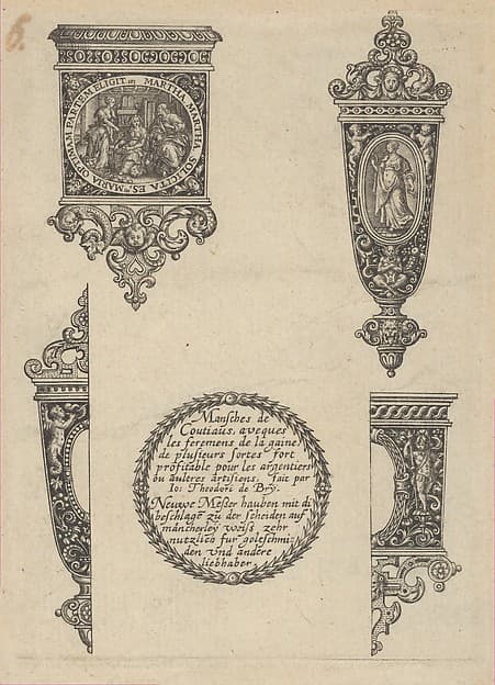 Design for Four Knife Handles with Title, by Johann Theodor de Bry