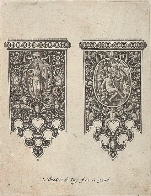 Design for Knife Handles with an Armed Woman and Susanna and the Elders, from Mansches de Coutiaus, by Johann Theodor de Bry