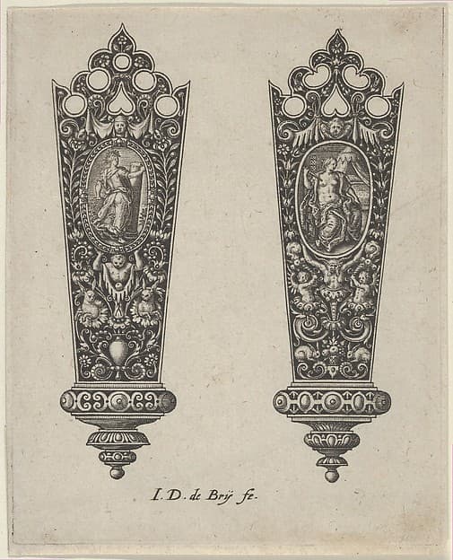 Design for Knife Handles with Ovals Containing Fortitude and the Death of Lucretia, by Johann Theodor de Bry