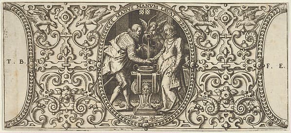 A Couple Shaking Hands, from Grotisch fur alle Kunstler, by Theodor de Bry