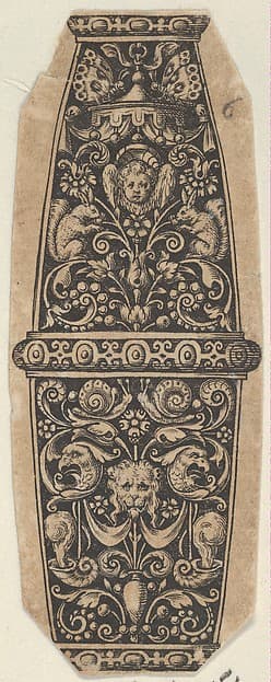 Design for a Sword or Dagger Handle with Putto-Head and Lion's-Head Masks, by Theodor de Bry