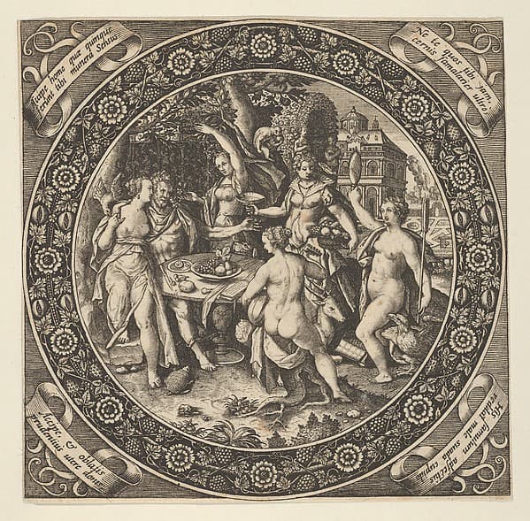 Scene with a Feast of Love in a Circle at Center, by Theodor de Bry