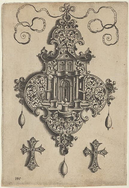 Pendant Design with a Temple and Vase Above Cross-Shaped Ornaments, by Jan Collaert I