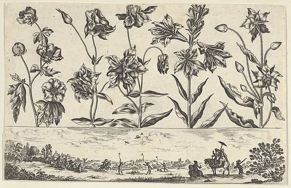 Horizontal Panel with a Row of Flowers Above a Frieze with a Hunting Scene in a Landscape, from "Livre Nouveau de Fleurs Tres-Util", by Nicolas Cochin