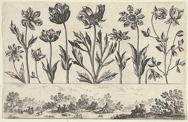 Horizontal Panel with a Row of Flowers Above a Frieze with Figures in a Landscape, from "Livre Nouveau de Fleurs Tres-Util", by Nicolas Cochin