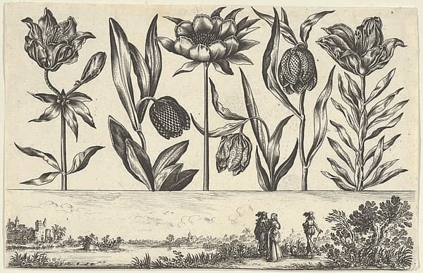 Horizontal Panel with a Row of Flowers Above a Frieze with Figures in a Landscape, from "Livre Nouveau de Fleurs Tres-Util", by Nicolas Cochin