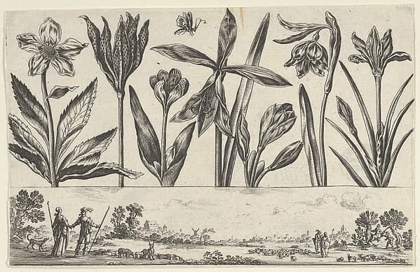 Horizontal Panel with a Row of Flowers Above a Frieze with Figures in a Landscape, from "Livre Nouveau de Fleurs Tres-Util", by Nicolas Cochin