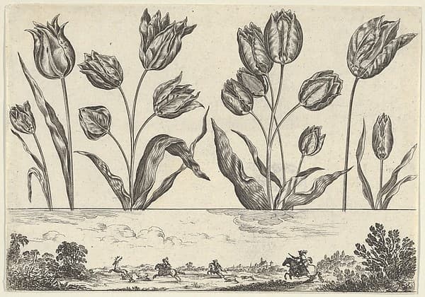 Horizontal Panel with a Row of Flowers Above a Frieze with a Hunting Scene in a Landscape, from "Livre Nouveau de Fleurs Tres-Util", by Nicolas Cochin