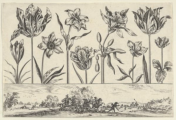 Horizontal Panel with a Row of Flowers Above a Frieze with a Battle Scene in a Landscape, from "Livre Nouveau de Fleurs Tres-Util", by Nicolas Cochin