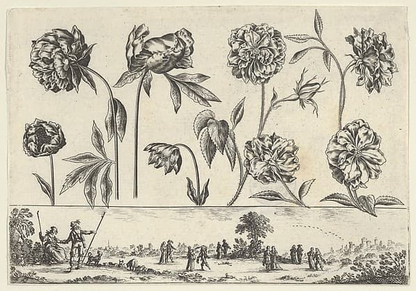 Horizontal Panel with a Row of Flowers Above a Frieze with Figures in a Landscape, from "Livre Nouveau de Fleurs Tres-Util", by Nicolas Cochin