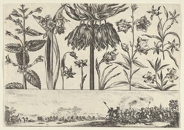 Horizontal Panel with a Row of Flowers Above a Frieze with a Battle Scene in a Landscape, from "Livre Nouveau de Fleurs Tres-Util", by Nicolas Cochin