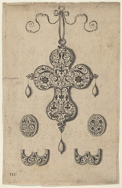 Design for the Verso of a Cross-Shaped Pendant Above a Pair of Oval Ornaments and Axe-Shaped Ornaments, by Jan Collaert I