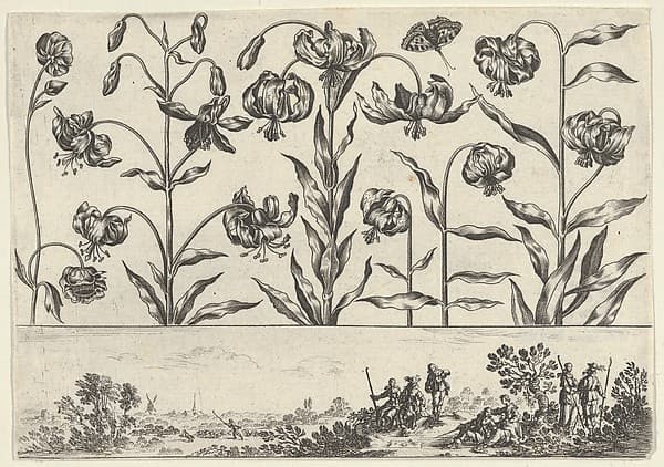 Horizontal Panel with a Row of Flowers Above a Frieze with Figures in a Landscape, from "Livre Nouveau de Fleurs Tres-Util", by Nicolas Cochin
