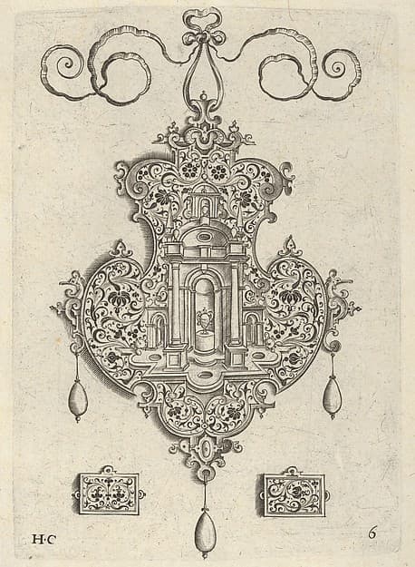 Pendant Design with Niche and a Vase with Two Handles Above Rectangular Ornaments, by Jan Collaert I