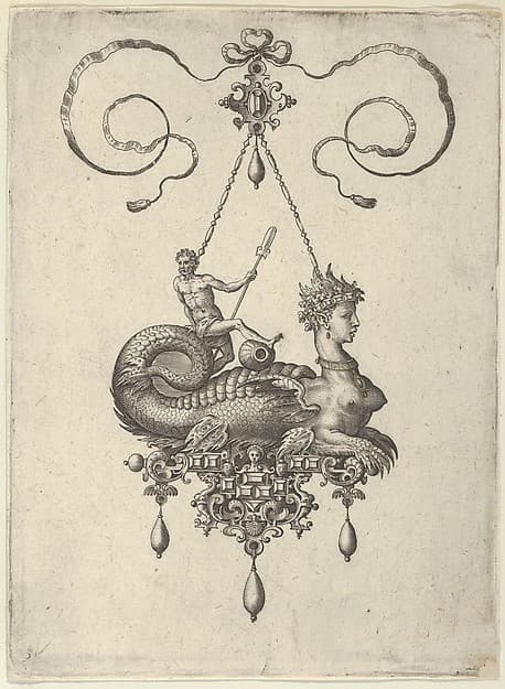 Pendant Design with a Sphinx with the Body of a Fish Carrying a Man with an Oar, by Adriaen Collaert