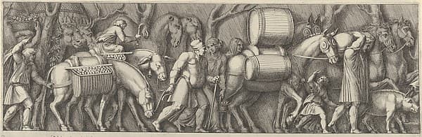 Plate 4: animals transporting goods being led by figures going to the right, by Pietro Santi Bartoli