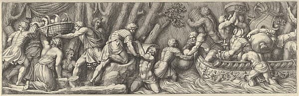 Plate 5: figures unloading goods from a boat at the right, by Pietro Santi Bartoli