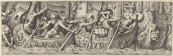 Plate 6: figures in boats decorated with mythological subjects using poles to propel them, by Pietro Santi Bartoli