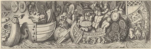 Plate 7: a battle taking place between men in boats, by Pietro Santi Bartoli
