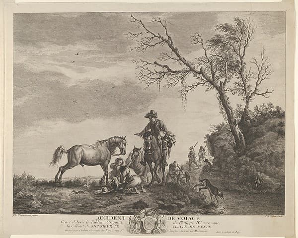 An accident while traveling, a kneeling man fixing a broken saddle, a horse pissing at the left, by Charles Nicolas Cochin I