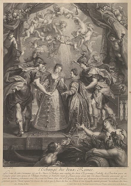 Plate 17: The exchange of the two princesses in Hendaye; allegorical scene with Anne of Austria and Elizabeth of Bourbon standing on a bridge holding hands, from "Recueil de la Galerie du Luxembourg", by Benoit Audran the Elder