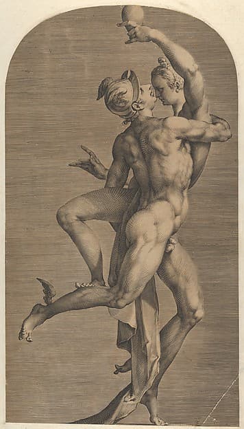 Mercury Abducting Psyche (lateral view Mercury's side), from a set of three views of the sculpture, by Jan Muller