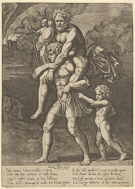 Aeneas carrying Anchises on his shoulders while Troy burns in the background, by Master of the Die