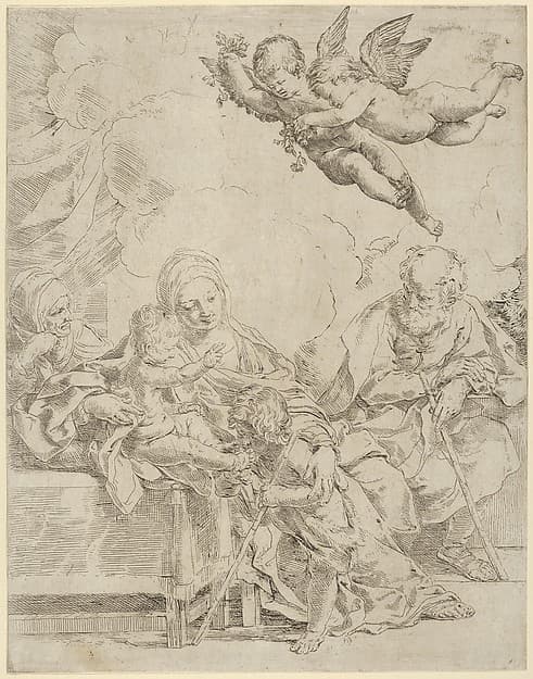 The Holy Family with young John the Baptist and Saint Elizabeth, two angels above, by Guido Reni