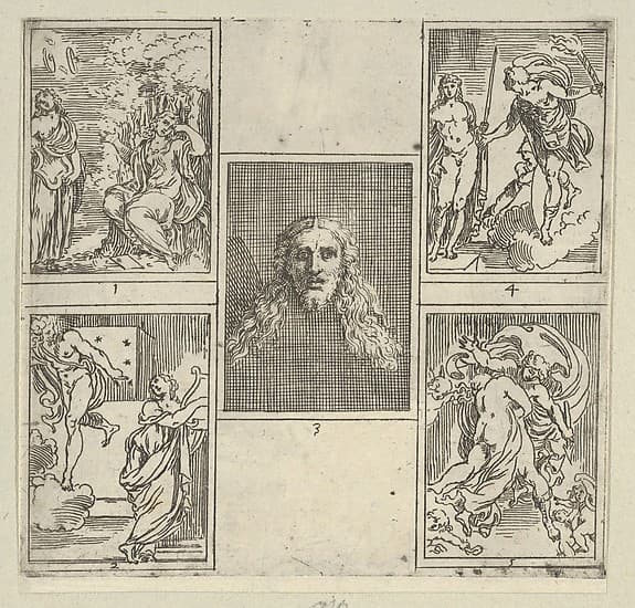 Five numbered scenes, each after a painter in the Accademia Degl'Incamminati, from IL FUNERALE D'AGOSTINO CARRACCIO FATTO IN BOLOGNA SUA PATRIA DAGL'INCAMINATI Academici del Disegno: 1. Painting and Poetry mourning the death of Agostino Carracci, painted by Francesco Brizio; 2. Painting with a lyre and Apollo pointing to stars on Carracci's grave, design by Giacomo Cavedone; 3. The head of Christ, painted by Agostino Carracci; 4. Prometheus with a torch and Athena behind him, painted by Alessandro Albini; 5. Aurora abducting Cephalus, painted by Leonello Spada., by Guido Reni