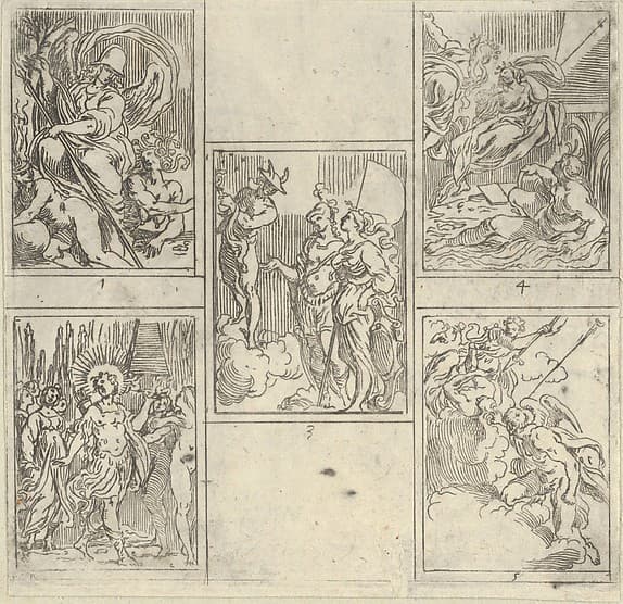 Five numbered scenes, each after a painter in the Accademia Degl'Incamminati, from IL FUNERALE D'AGOSTINO CARRACCIO FATTO IN BOLOGNA SUA PATRIA DAGL'INCAMINATI Academici del Disegno: 1. Virtue vanquishing Envy and Fortune, painted by Giulio Cesare Parigino; 2. Apollo and the Muses at the tomb of Agostino Carracci, painted by Luigi Valesio; 3. Mercury pointing to a constellation with the personification of Painting and that of the city of Bologna, Felsina, painted by Aurelio Benelli; 4. Personification of Painting being comforted by Poetry, and the personification of a river at right, painted by Lodovico Carracci; 5. Allegory of Knowledge and Vigilance chasing Envy out of Heaven, painted by Lorenzo Garbieri., by Guido Reni