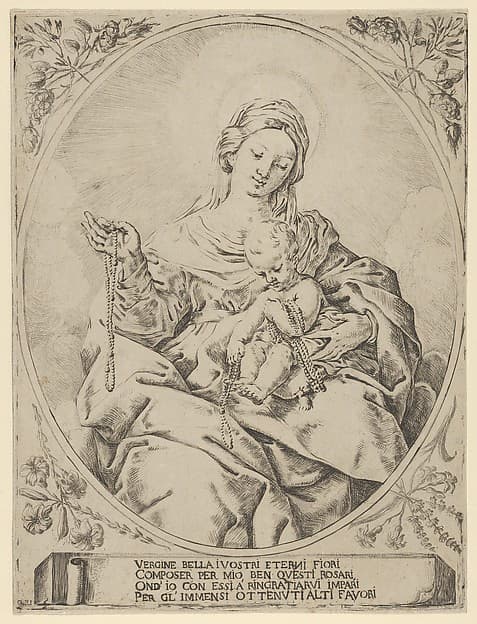 The Virgin seated holding a rosary in her right hand, the infant Christ on her lap holding several rosaries, in an oval frame with flowers surrounding it and a tablet with inscription at the base, by Anonymous